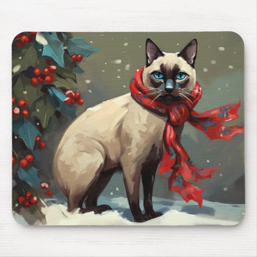 雪のシャム猫 クリスマス マウスパッド (正面)