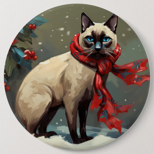 雪のシャム猫 クリスマス 缶バッジ (正面)