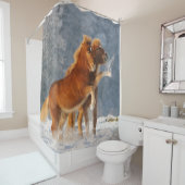 雪のシャワー・カーテンで遊んでいるアイスランドの馬 シャワーカーテン (インサイチュ)