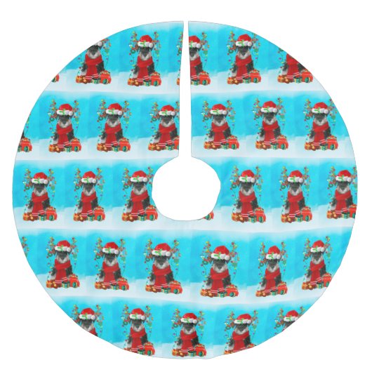 雪のシュナウザーとクリスマスプレゼント ブラッシュドポリエステルツリースカート (正面)