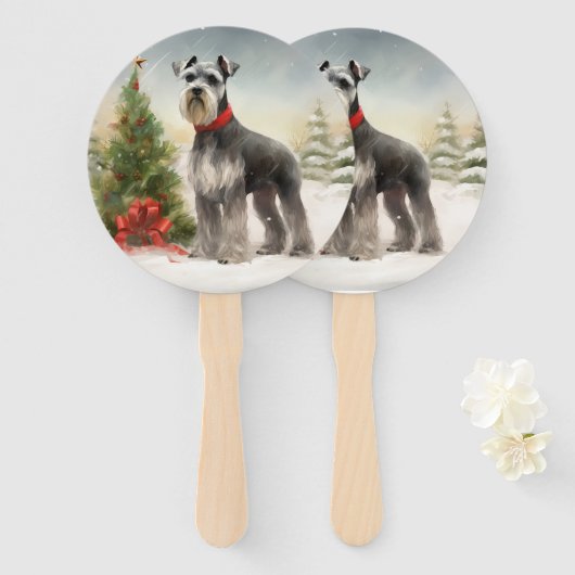 雪のシュナウザー犬 クリスマス ハンドファン (正面&裏面)