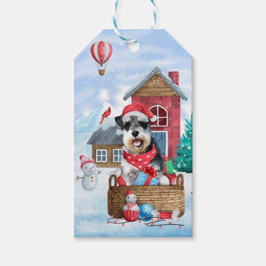 雪のシュナウツァードッグのクリスマスドッグハウス ギフトタグ (正面)