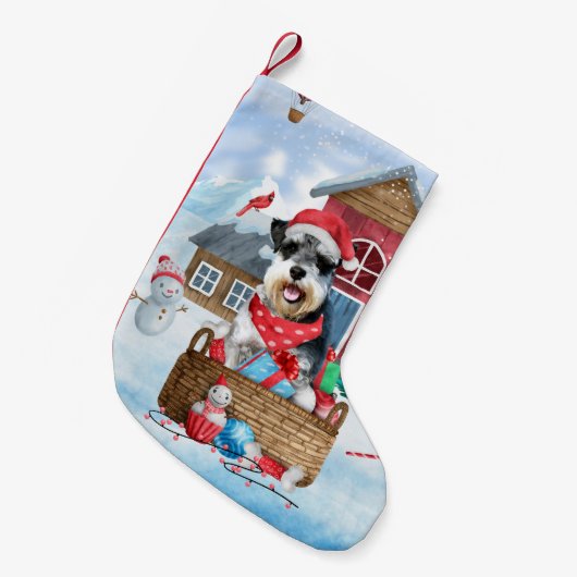 雪のシュナウツァードッグのクリスマスドッグハウス スモールクリスマスストッキング (正面 (吊り時))