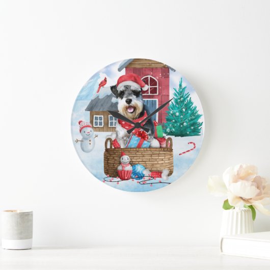 雪のシュナウツァードッグのクリスマスドッグハウス ラージ壁時計 (ホーム)