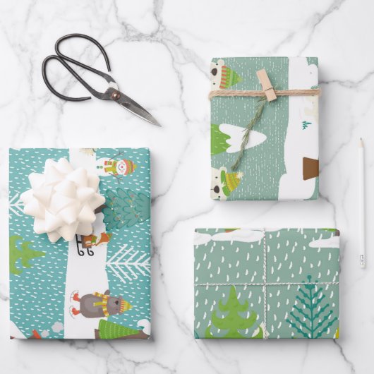 雪のシーンクリスマスツリーホリデーパターン ラッピングペーパーシート (正面)