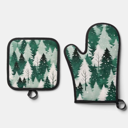 雪のシーンフェスティバルグリーンウィンターツリークリスマス 鍋つかみ&鍋敷きセット (正面)