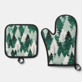 雪のシーンフェスティバルグリーンウィンターツリークリスマス 鍋つかみ&鍋敷きセット