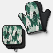 雪のシーンフェスティバルグリーンウィンターツリークリスマス 鍋つかみ&鍋敷きセット (正面/裏面)