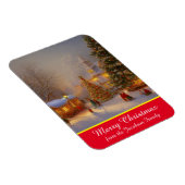 雪のシーン古風な村のクリスマスツリー マグネット (右側)