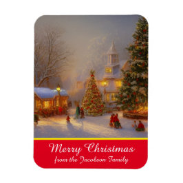 雪のシーン古風な村のクリスマスツリー マグネット