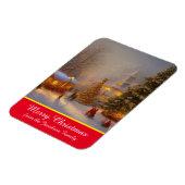 雪のシーン古風な村のクリスマスツリー マグネット (左側)