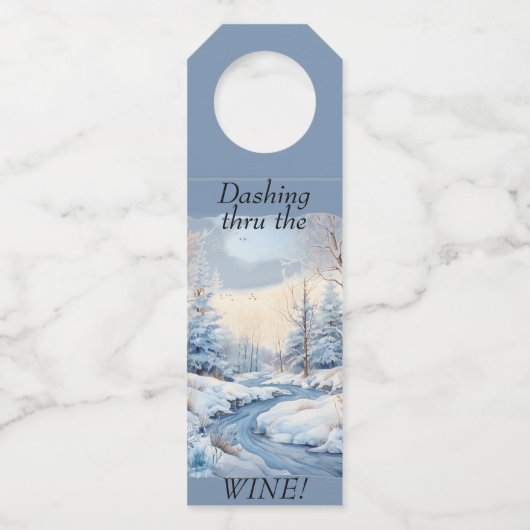 "雪のシーン"カスタム気持ちワインボトルラベル ボトルネックタグ (正面)