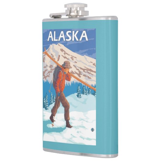 雪のスキーヴィンテージ旅行3を運んでいるスキーヤー フラスク (左)