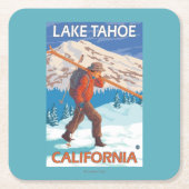 雪のスキー-タホ湖、Californi --を運んでいるスキーヤー スクエアペーパーコースター (正面)