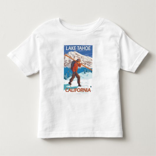雪のスキー-タホ湖、Californi --を運んでいるスキーヤー トドラーTシャツ (正面)