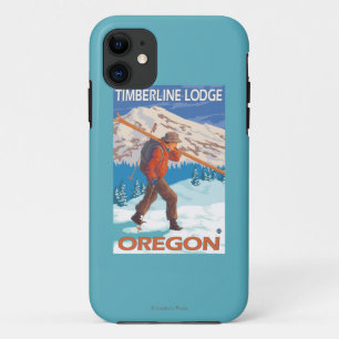 雪のスキー-樹木限界線ロッジ--を運んでいるスキーヤーまたは iPhone 11 ケース