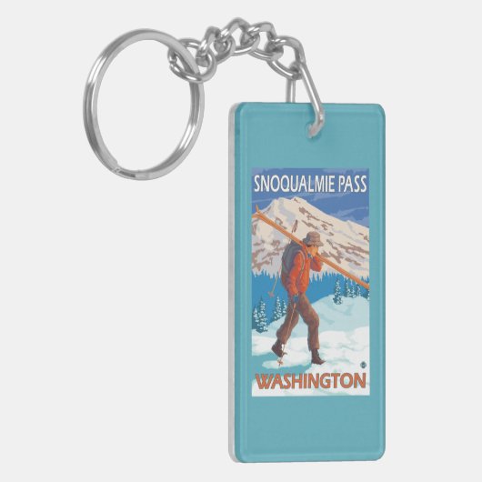 雪のスキー- Snoqualmieのパス、WA --を運んでいるスキーヤー キーホルダー (正面左)