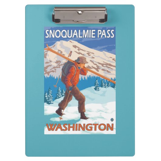 雪のスキー- Snoqualmieのパス、WA --を運んでいるスキーヤー クリップボード (正面)