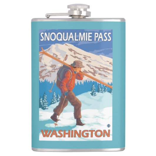 雪のスキー- Snoqualmieのパス、WA --を運んでいるスキーヤー フラスク (正面)
