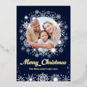 雪のスタイリッシュ結晶ネイビーフォトファミリークリスマス 箔シーズンカード (正面)