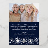 雪のスタイリッシュ結晶ネイビーフォトファミリークリスマス 箔シーズンカード (裏面)