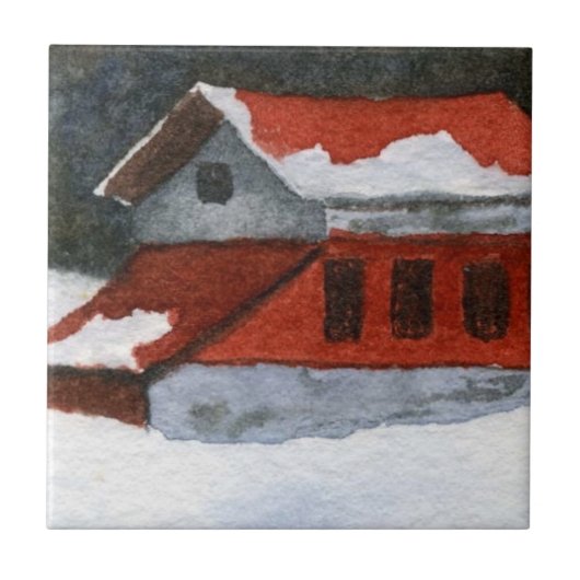 雪のストライプの少し赤い冬の納屋 タイル (正面)