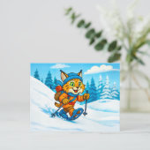 雪のスノーシュー・ハイキングに出かけたオオヤマネコ ポストカード (スタンド正面)