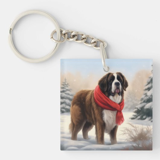 雪のセントバーナード犬 クリスマス キーホルダー (正面)