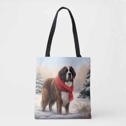 雪のセントバーナード犬 クリスマス トートバッグ (正面)