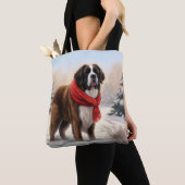 雪のセントバーナード犬 クリスマス トートバッグ (クローズアップ)