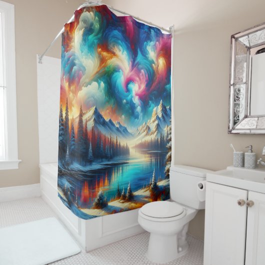 「雪のタイ – 染付の風景鮮やか – 冬の芸術」 シャワーカーテン (インサイチュ)