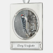 雪のダウンウッドペッカー – オリジナル写真 シルバープレートバナーオーナメント (左)