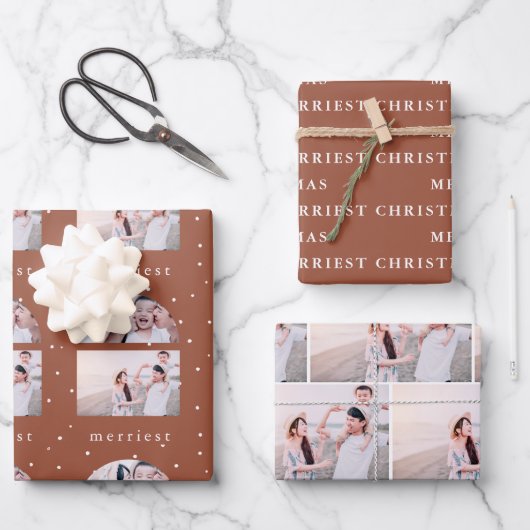 雪のテラコッタ メリークリスマス フォト ラッピングペーパーシート (正面)