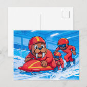 雪のトラックでボブスレー走行を開始するセイウチ ポストカード (正面/裏面)