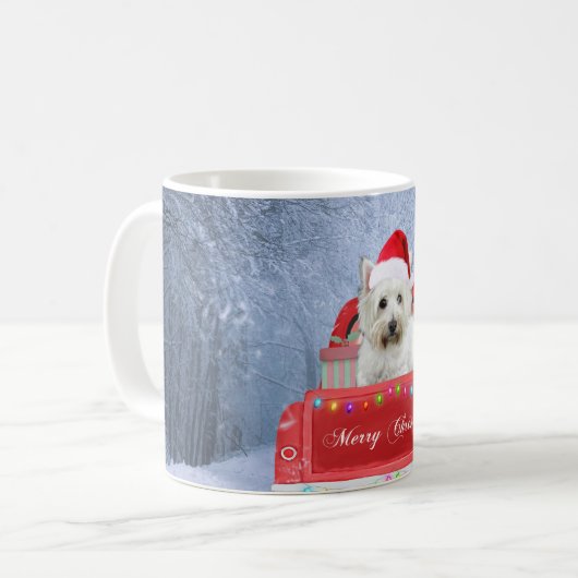 雪のトラックに西ハイランドホワイトテリア犬 コーヒーマグカップ (正面左)