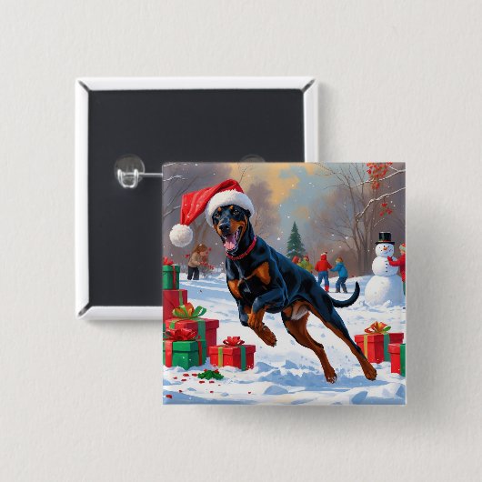 雪のドーベルマン - クリスマス帽をかぶって疾走 缶バッジ (正面&裏面)