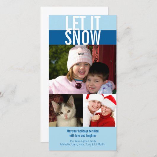 雪のネイビーはっきりしたブルーのクリスマスグリーティング シーズンカード (正面/裏面)