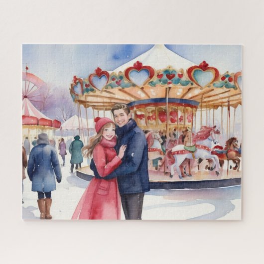 雪のバレンタインデーかわいいカップル ジグソーパズル (横)