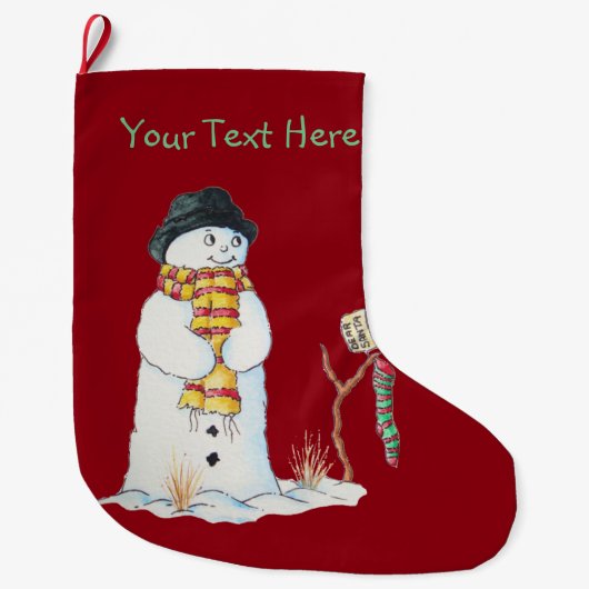 雪のパッチワークのかわいいクリスマスの雪だるま ラージクリスマスストッキング (正面)