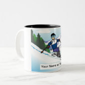 雪のパーソナライズされたスキーヤー – 男性の漫画 ツートーンマグカップ (正面左)