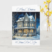 雪のパーソナライズされた多いクリスマスライトハウス カード (黄色い花)