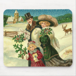 雪のビクトリアンクリスマスシーンの家族 マウスパッド