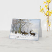 雪のビクトリアン森のクリスマスカード鹿 カード (黄色い花)