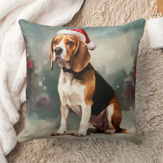 雪のビーグル犬 クリスマス クッション (ブランケット)