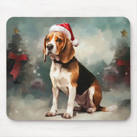 雪のビーグル犬 クリスマス マウスパッド (正面)