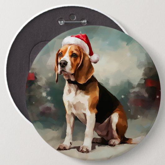 雪のビーグル犬 クリスマス 缶バッジ (正面&裏面)