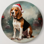 雪のビーグル犬 クリスマス 缶バッジ (正面)