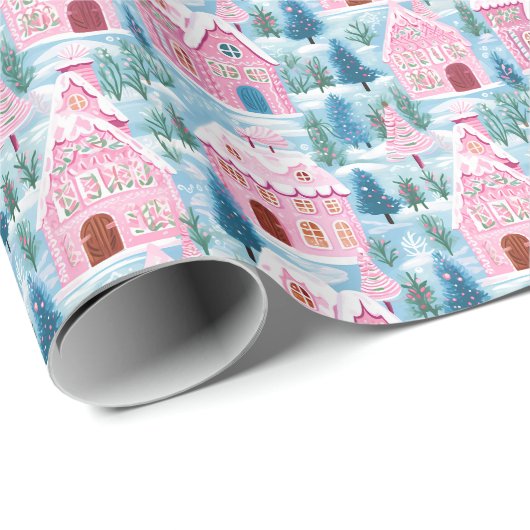 雪のピンクのクリスマスハウス ラッピングペーパー (ロールコーナー)