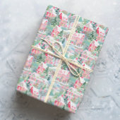 雪のピンクのクリスマスハウス ラッピングペーパー