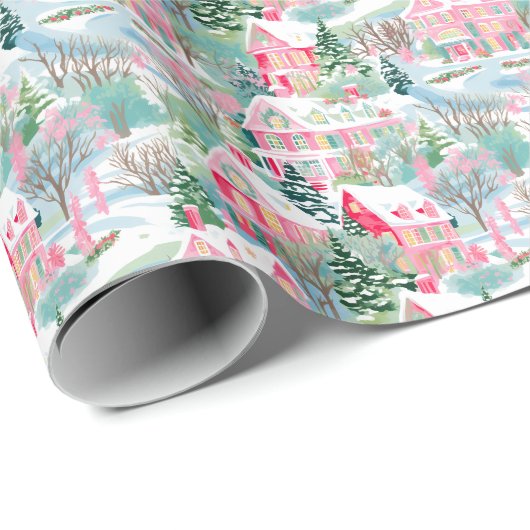 雪のピンクのクリスマスハウス ラッピングペーパー (ロールコーナー)